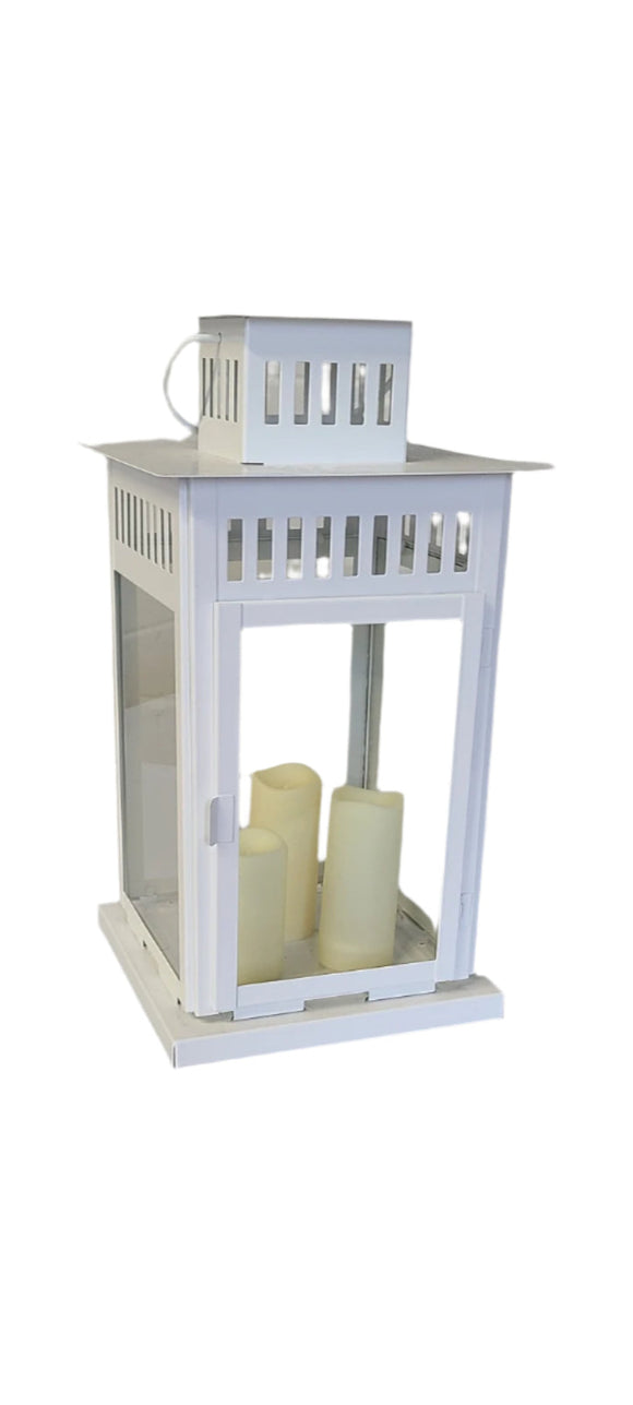 Lantern - White w/3 flicker candles - 9
